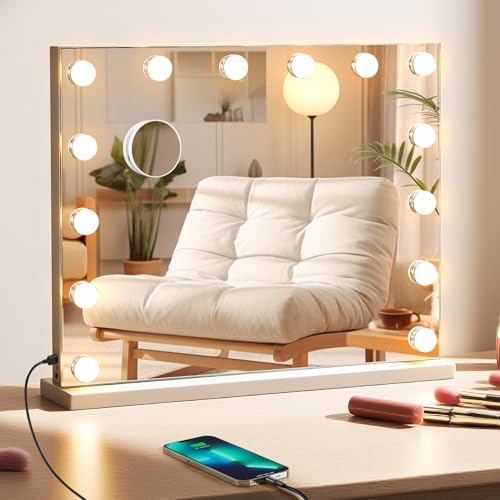 FIBRAVE Hollywood Vanity Mirror with Lights 50×42cm Lighted Makeup Mirror for Tabletop/Wall Mounted with 14 Led Dimmable Bulbs USB Cable Touchscreen Control for Bedroom & Dressing Room