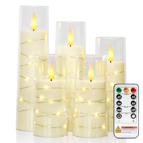 Image of Raycare Flameless Candle with Remote Timer - 5 Flickering Acrylic Battery Operated LED Pillar Candles with Embedded Star String for Halloween, Home Decor, and as a Gift(Ivory)