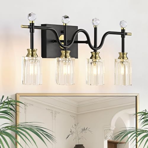 Vevfaey Modern Crystal Bathroom Vanity Light 4-Light U Shape Wall Light Fixtures Over Mirror Black and Gold Vanity Lighting for Bathroom Living Room Bedroom G9 Base (Exclude Bulb)