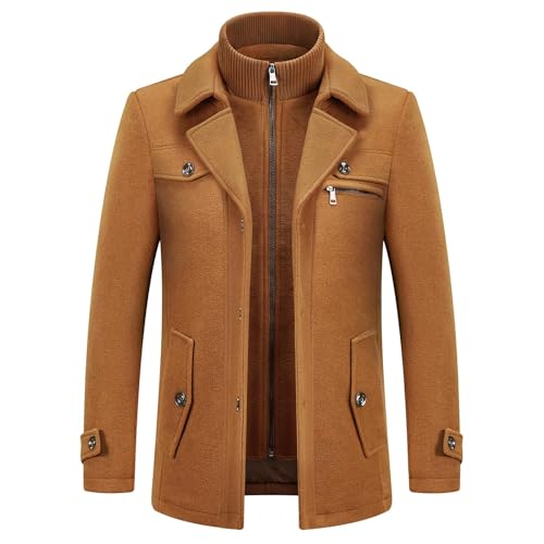 KUDORO Abrigos de lana para hombre, acolchados, para invierno, estilo casual y negocios, abrigo grueso de mezcla de lana con cuello interior extraíble, marrón, M