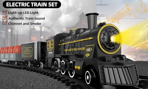 Image of Classic Retro Steam Train Set for Kids with Real Smoke, Lights & Sound | Rechargeable Electric Railway Toy with 155cm DIY Track & Cargo Coaches | Gift for Boys & Girls 3-8 Years