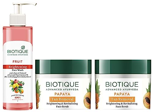 Image of Biotique Bio Papaya Revitalizing Tan- Removal Scrub, 75g (Pack of 2) & Biotique Fruit Brightning Face Wash, 200ml