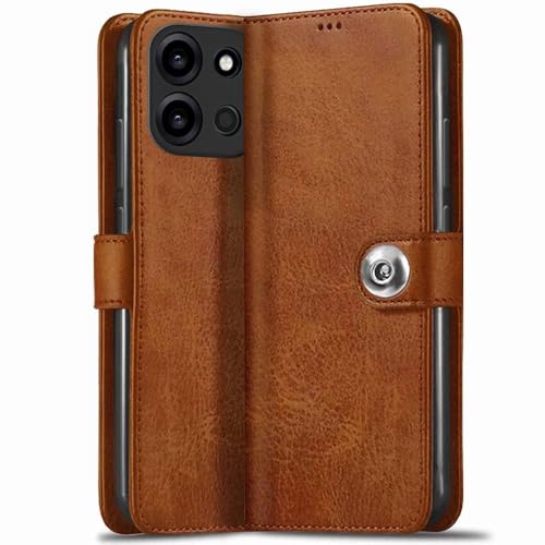 Image of TheGiftKart Genuine Leather Finish Flip Back Cover Case for OnePlus Nord 6 5G / CE 6 5G | Inbuilt Pockets & Stand | Wallet Style | Designer Button Magnet Flip Back Cover Case (Faux Leather, Brown)
