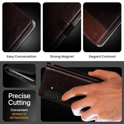 Image of FLIPPED Vegan Leather Flip Case Back Cover for Samsung Galaxy M17 5G | A17 5G | F17 5G (Flexible, Shock Proof | Hand Stitched Leather Finish | Card Pockets Wallet & Stand | Coffee with Brown)