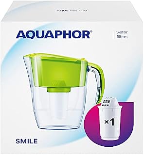 AQUAPHOR Smile Fridge Water Filter Jug, Includes 1x A5 Filter Cartridge to Reduce Limescale, Chlorine & Heavy Metals, Plastic, Volume 2.9 L, Green.