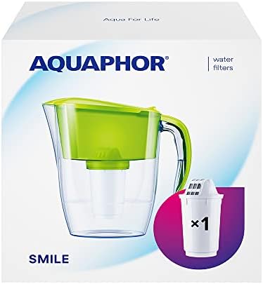 AQUAPHOR Filtr do wody Smile jasnozielony z 1 filtrem A5 I redukuje wapno i chlor, karafka na 2,9 l, kompaktowy i lekki fiter do wody, stołowy filtr do wody, pasuje do drzwi lodówki