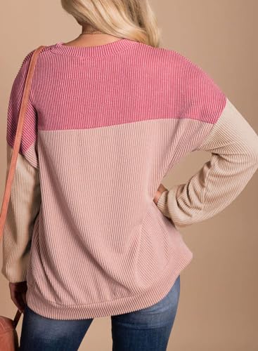 Image of Dokotoo Womens Tops Fashion 2026 Color Block Long Sleeve Shirts for Women Crewneck Knitted Casual Loose Blouses