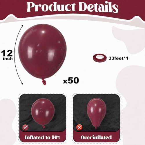 Image of Togvu Burgundy Balloons, 50Pack 12 Inch Dark Wine Red Maroon Latex Party Balloons for Graduation Bachelorette Valentine's Day Birthday Party Decorations
