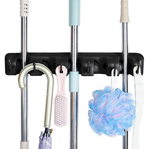 3-H Colgador y Organizador,Colgador de Escobas para Fregona y Holder Broom/Titular Magia para Cocinas o Garajes (5 Posiciones 6 Ganchos) (Negro)