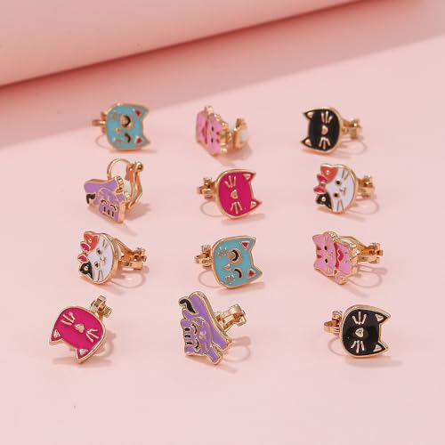6 Pairs Cute Animal Cat Dinosaur Clip on Earrings Lovely Pet Non Pierced Enamel Earrings for Women Girls Christmas Birthday Gift3