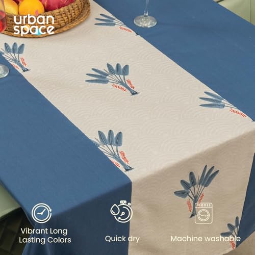 Image of Urban Space Cotton Rectangular Dining Table Cover for 6 Seater, Table Cloth with Panelled Design, 6 Seater Cotton Table Cover for Center Table (Palm Lagoon Indigo, 6 Seater, 48 inch x 92 inch)
