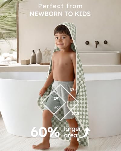 Image of Yoofoss Hooded Baby Towels for Newborn 2 Pack 100% Muslin Organic Cotton Baby Bath Towel with Hood for Babies, Infant, Toddler and Kids, 32x32Inch, Soft and Absorbent, Green Brown Checkered