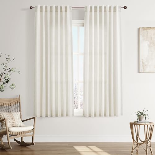 Joywell Linen Curtains 63 Inches Long for Living Room Beige White