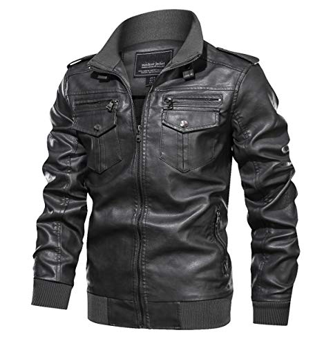 KEFITEVD Lederjacke Herren Winter Kunstleder Bikerjacke PU Leder Winterjacke Pilotenjacke Army Jacke Stehkragen Jagdjacke Freizeit Outdoor Jacke Männer Grau S