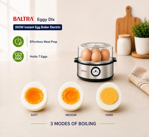 Image of BALTRA Eggy Dlx 350W Instant Egg Boiler Electric | Boils 7 Eggs at Once | 3 Boiling Modes | Stainless Steel Body with Poaching Tray & Heating Plate | Auto Power Off for Safe and Convenient Cooking