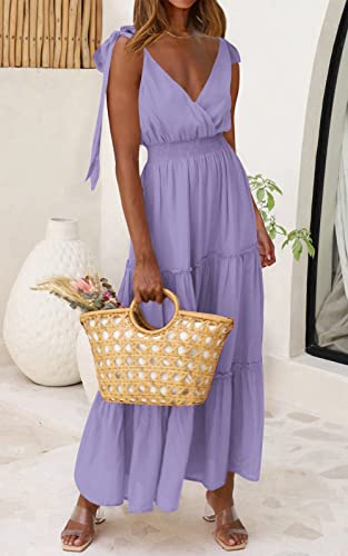 Image of PRETTYGARDEN Women's Cross Neck Summer Sleeveless Tiered Maxi Dress Beach Tie Strap Smocked Long Dresses Pleated Sundress