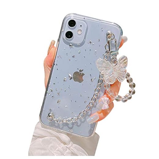 BONICI Girl Women Beautiful Gold Foil Goldleaf Transparent TPU Phone Case +Metal Bracelet Chain +Butterfly Lanyard, for iPhone 11, Full Protection (Scratch-resistant &Shockproof) -Silver