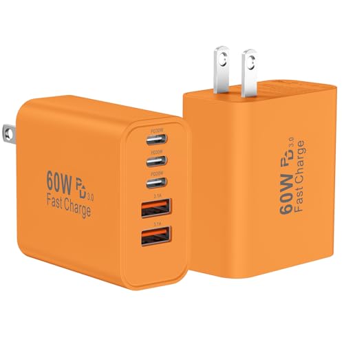 Image of USB C Fast Wall Charger Block, 2Pack 60W USBC Charging Cubes, 5-Port PD+QC Power Adapter Multiport Brick Type C Box Plug for Phone 17 /16 /15 /14 /13 /12 /11 /Pro Max /Plus, Pad Mini /Pro /S25 /S24-Orange