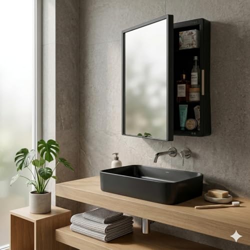Image of BRANCO New Rich Look Bathroom Cabinet with Mirror | Storage Organiser | Strong Plastic Bathroom Shelves Wall Mounted | Bathroom Accessories| Mirror Cabinet- (Black)