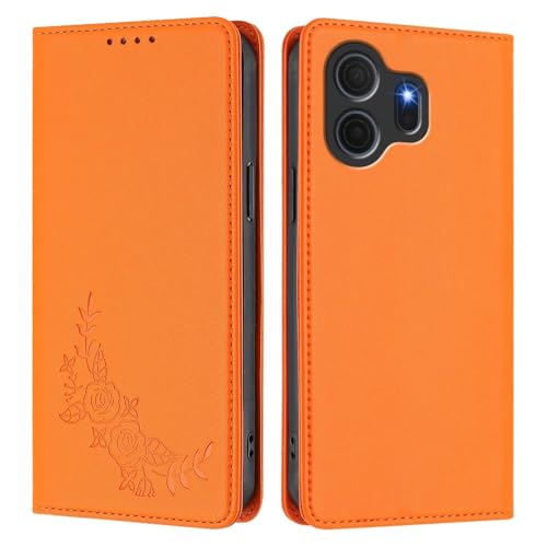 Étui TCL 505 orange avec motif fleurs latérales et fermeture magnétique
