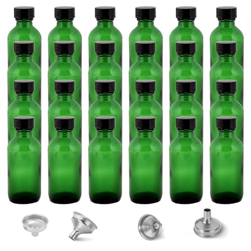 DIDITIME 2 oz Shot Bottles with Caps & Stainless Steel Funnels, Juicing Bottle Reusable Glass, 60ml Small Jars with Lids for Potion, Ginger Shots, Oils, Juice (olive green, 24-pack)
