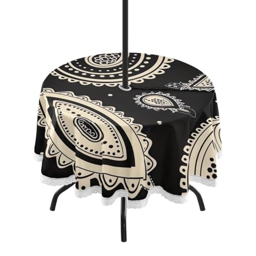 Wajiw 60 Inch Indoor Outdoor Round Tablecloth with Umbrella Hole and Zipper Waterproof Patio Table Cover for Camping Dining Room Party Outdoor Picnic,Paisley