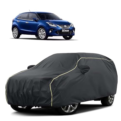 Image of Sulfar 100% Water Resistant Car Body Cover Compatible with Mirror for Toyota Glanza(Baleno) (Triple Stitched, Full Bottom Elastic, Dark Grey Tafetta with Yellow Piping)