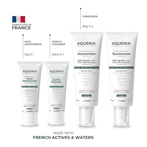 Image of Aqueria French Skincare Kit (Pack of 4) for Acne-Prone, Oily & Combination Skin | Oil Control Brightening French Sunscreen SPF 50 (50g x 2) | 5% Niacinamide & Ceramides Face Wash (20ml) | Oil-Free Gel Moisturizer (15g) | Fragrance-Free, Lightweight, Non-Greasy, No White Cast, Dermatologist Validated