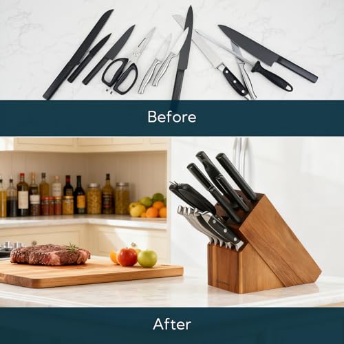 KITCHENDAO 14 Slot Acacia Wood Knife Block Without Knives, Universal Knife Holder for Kitchen, Holding Multiple Types of Knives, Countertop Butcher Block Knife Stand for Easy Kitchen Storage by KITCHENDAO - Image 6