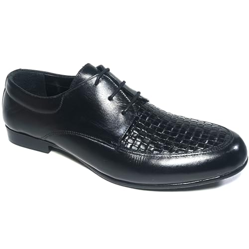 Image of Handcrafted Men's Oxford Shoes in Black Plain and Knitted Leather