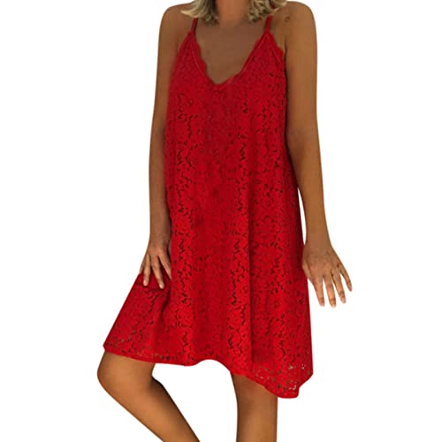 Vestido de mujer de verano 2026 para mujer, sin mangas, vestido informal sólido con cuello en V, vestido suelto de encaje en algodón, largo de moda, vestidos festivos, rojo, 4XL