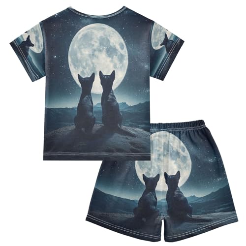 ALAZA Dog Moon Night Pajamas Set Short Sleeve Cotton Sleepwear Summer Pjs 2 Piece 5-14Y2