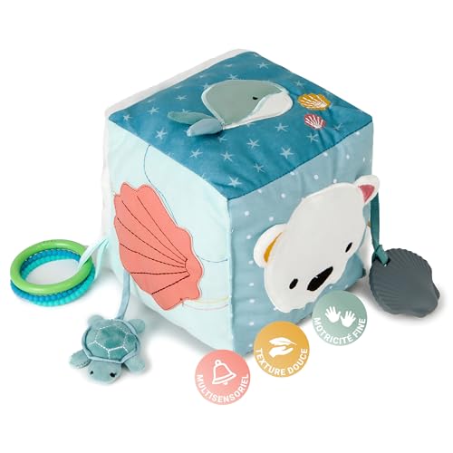 Little Big Friends Cube d’activités en Tissu pour bébé | Cube sensoriel Montessori Tout Doux | Développement Moteur et cognitif | Océan