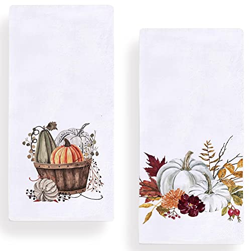 Secarond Fall Pumpkin Leaves Kitchen Dish Towel 18 x 28 Inch Set of 2, Autumn Rustic Harvest Thanksgiving Holiday Tea Towels Dish Cloth for Cooking Baking