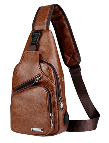 Yushilai - Bolso de Pecho para Hombre de Cuero Piel Bolso de Mensajero Mochila Cruzado de Hombro para Viaje Senderismo - Marrón