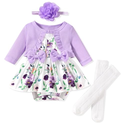 Image of Unutiylo Baby Girl Fall Winter Outfit Dress Floral Print Long Sleeve Romper Clothes with Headband