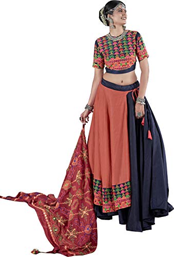 Divine International Trading Co Women's Soft Cotton Navratri Collection Dandiya Raas Lehenga Choli with Dupatta(Orange, Free Size)