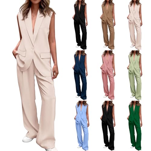 2 Piece Blazer Sets for Women Business Casual Outfits Sleeveless Suit Vest and Wide Leg Pants Suits Women Dressy4