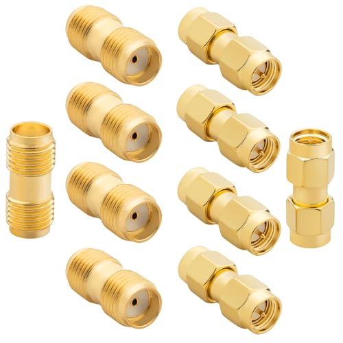 Anina 10 Pack SMA Adapters Kit Female/Male RF Connectors for 5G/ WiFi Antenna, Test Equipment, CB/Amateur/Ham Radio Antenna, Gold-Plated