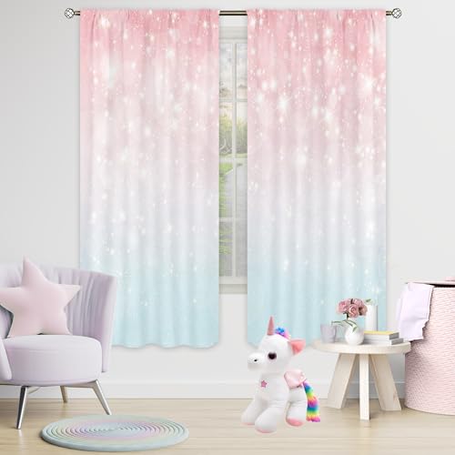 Cinbloo Ombre Pink Curtains 42Wx63H Inch Rod Pocket Teal Blush Baby Girls Bedroom Decor Blue Turquoise Pastel Not Sparkly for Women Kids Child Girly Princess Living Room Window Drapes Fabric 2 Panel