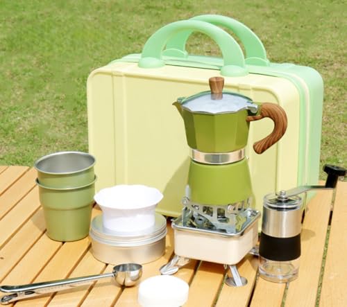 アウトドア キャンプ コーヒーセット モカポットセット 手淹れコーヒーポット 旅行用品 9点セット ドリップフィルターセット 旅行 アウトドア ポータブル (シングルバルブ グリーン 9点セット)