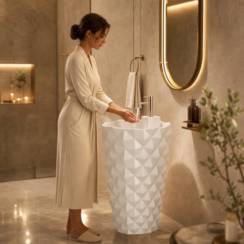 Image of Well Set Luxury Ceramic One Piece Pedestal Wash Basin | Premium Geometric Stand Wash Basin for Home Office Hotel | White