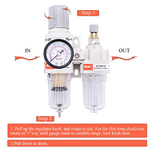 Image of RIH Pneumatics Compressed Air Filter Regulator Lubricator Combo Water /Oil Trap Separator - Gauge(0-150 psi), Semi-Auto Drain, Poly Bowl,Bracket - 3 in 1 Two Unit (1 /4 inch NPT)