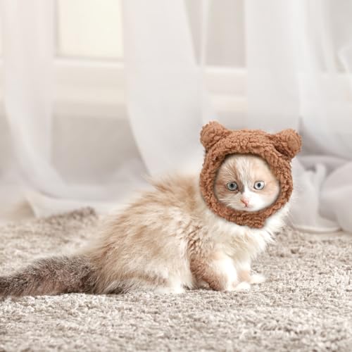 WLLHYF Süße Katze Wintermütze Warm Bärenmütze Weich Bequem Verstellbar für Kleine Haustiere Kopfbedeckung Kostüm Kleidung für Katzen, Hunde (Braun)