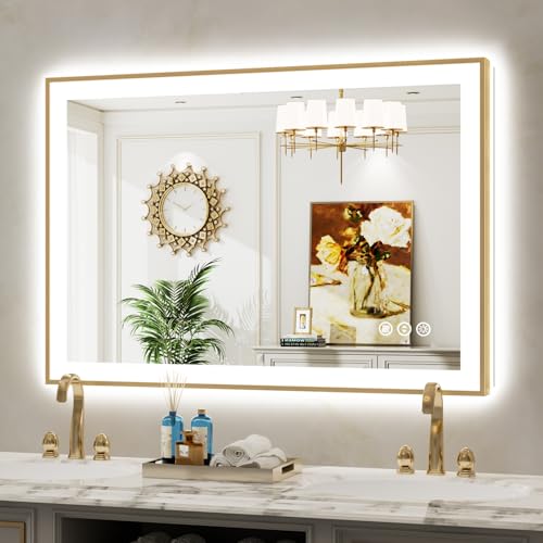 Image of 44x30 LED Bathroom Mirror with Lights, Gold Framed Lighted Mirror | Backlit and Front light, Anti-Fog, 3 Color Dimmable, Memory, Tempered Glass, IP54 Waterproof, UL Listed