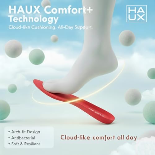 Image of HAUX Comfort+ Memory Foam Insoles for Men | Soft Cushion Shoe Insole for Daily Use, Walking, Running, Sports & All-Day Standing Comfort (Red (Pack of 1), UK-10)