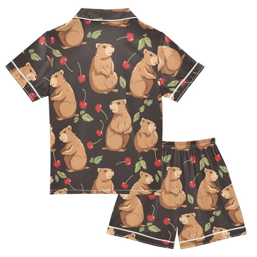 Capybaras Cherry Leaf Pajamas Set Summer Button Down Sleepwear Pjs Sets Comfy Loungewear2