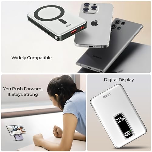 Image of Foxin Mag One Wireless 10000mAh Fast Charging Power Bank with Metal Stand | USB Type C Input & Output, 22.5W Portable Charger for iPhone 12 & Above, Android & Qi Enabled Devices | Pearl White
