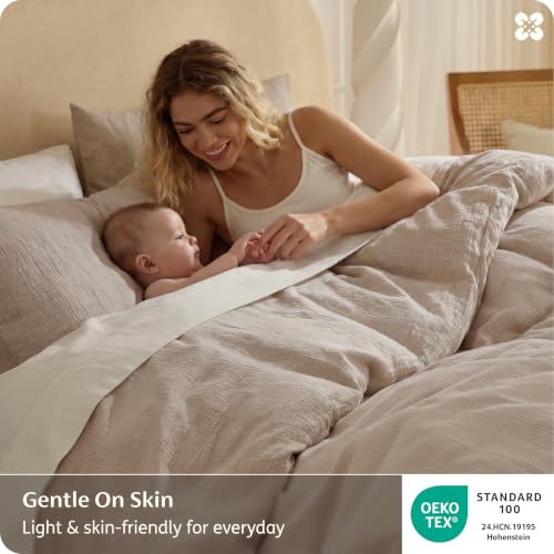 Image of Bedsure 100% Muslin Cotton Duvet Cover Queen Size - Ultra-Soft Gauze Duvet Cover, PureWoven Breathable & Lightweight Bedding Set with Button Closure and Corner Ties (Khaki, Queen, 90 inchx90 inch)