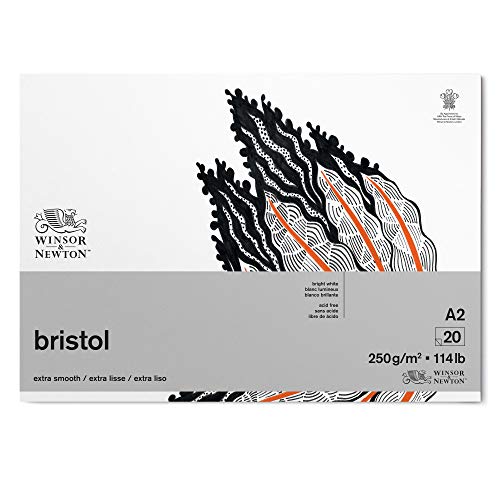 Winsor & Newton 6661547 Bristol Zeichenpapier im Block - 20 Blatt DIN A2, 250g/m², kopfgeleimt, strahlend weißes Papier für Zeichnungen mit technischen Stiften, Finelinern, Tusche, Markern, Airbrush